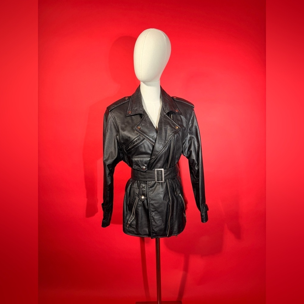 Vintage 1980s Wilson’s Leather Black Leather Oversized Moto Jacket - Picture 4 of 12